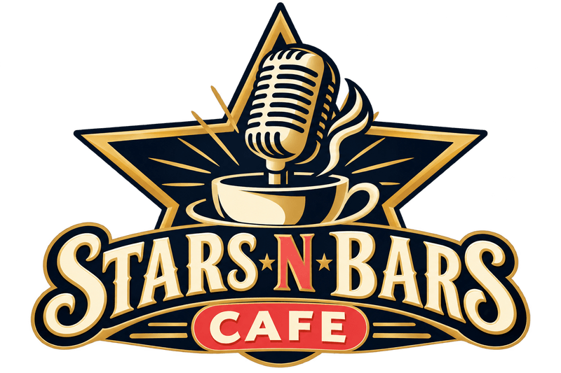 Stars N Bars Cafe logo featuring a gold star, vintage microphone and coffee cup