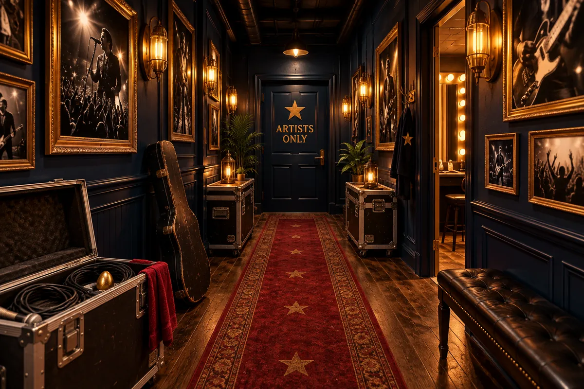 Cinematic concept of the backstage Artists Only hallway with hidden scavenger clue