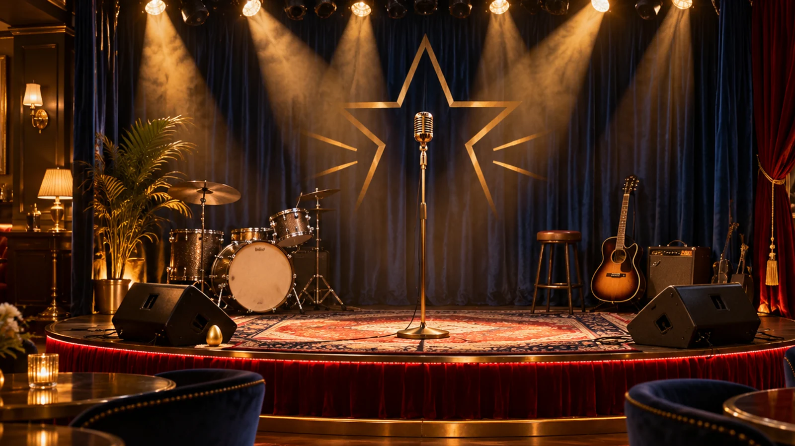 Close cinematic view of the Stars N Bars Cafe stage with vintage microphone and hidden gold egg
